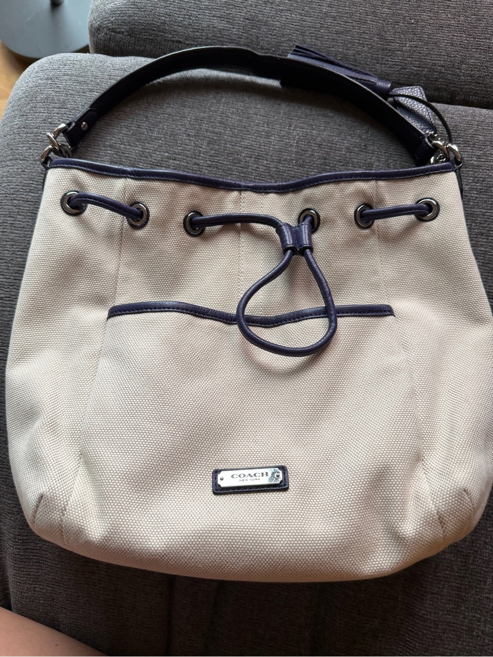 COACH Beige Canvas Shoulder Bag with Navy Trim and Leather Strap